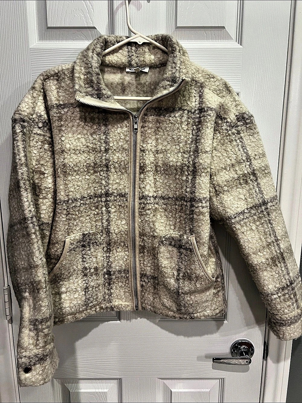 Workshop Republic Clothing Plaid Teddy Jacket in Brown & Cream Size Medium
